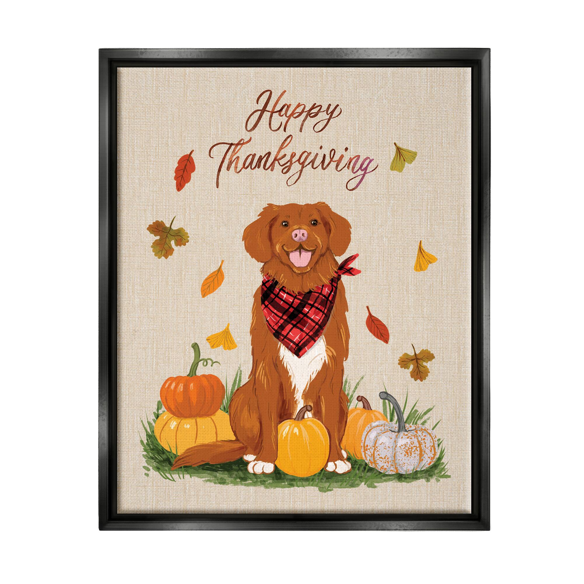 Stupell Industries Happy Thanksgiving Pumpkins Dog Framed Floater Canvas Wall Art